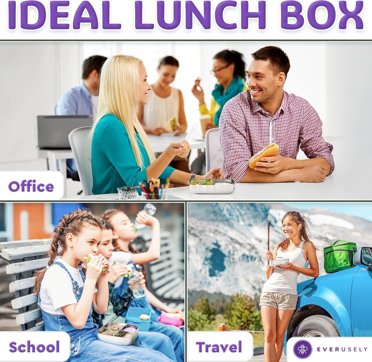 Everusely - Bento Box - Lavender, 27oz / 0.8 L - Stainless Steel Lunch Box with Leakproof Condiment Container - 3 Compartment Snack Organizer for On the Go Meals - Freezer & Dishwasher Safe