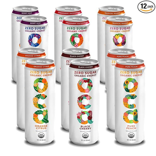 OCA ZERO Variety Pack, Organic energy drink, zero sugar, gluten-free, vegan plant-based, 12 Fl Oz (12-pack)