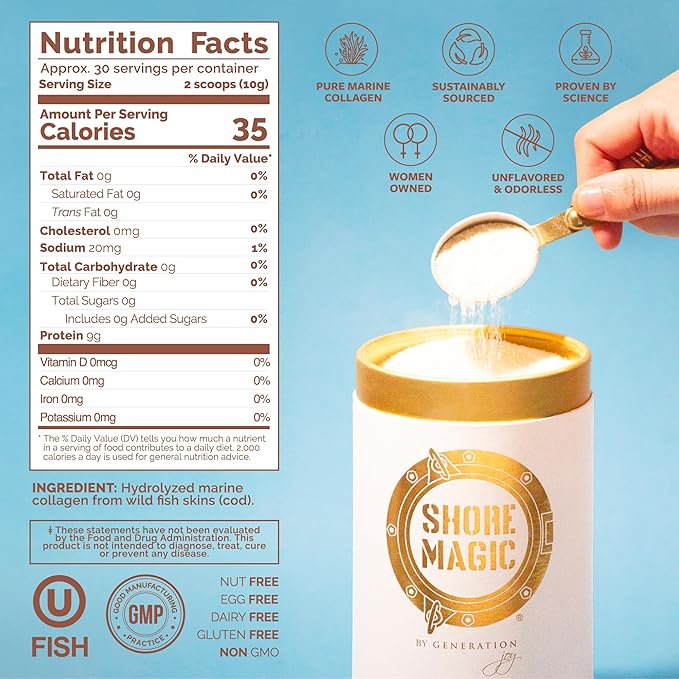 Premium Marine Collagen Powder with Type I II III and IV Hydrolyzed Peptides for Women and Men Sourced from Wild Fish, Certified Halal and Kosher Unflavored - 30 Day Supply, 300g Canister