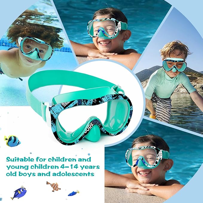 Kids Swim Goggles with Nose Cover, 180° Panoramic Snorkel Mask with Anti-Fog & Anti-Leak Design, Comfort Fabric Strap UV Protection Lens for Boys Girls Ages 3-15