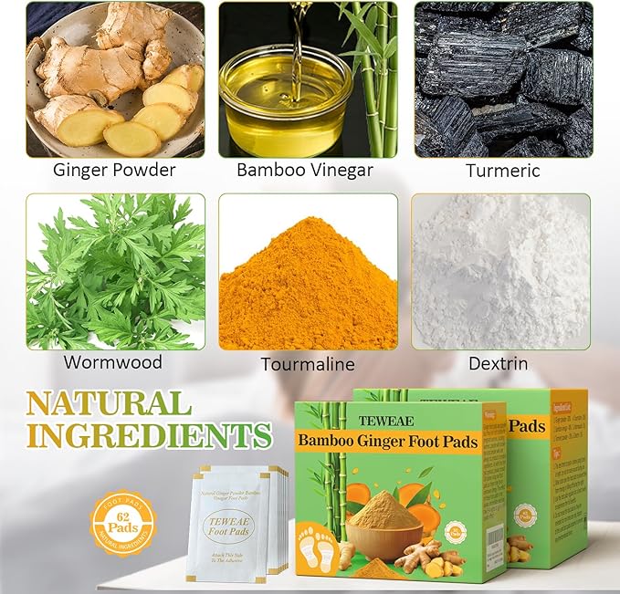 62 Pads Foot Pads -with Pure Natural Turmeric & Ginger, Wormwood, Bamboo Vinegar, Bigger Adhesive Pad Ginger Foot Pads