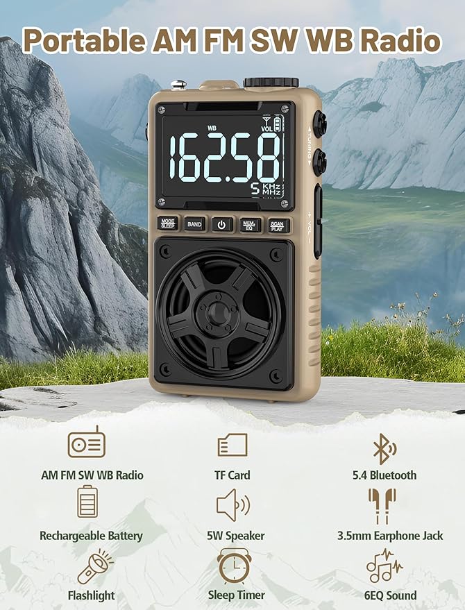 Bluetooth AM FM Shortwave Radio with NOAA Weather Alert,1250mAh Rechargeable Portable Pocket Radio with Best Reception,5W Big Speaker, Digital Tuner and Earphone,Support SD Card and USB Player(Brown)