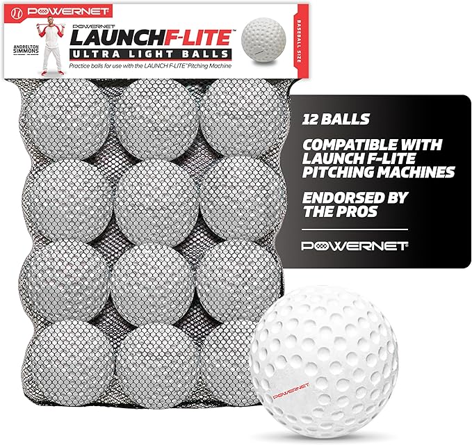 PowerNet Launch F-lite Softball & Baseball Pitching Machine, Dimpled Practice Balls, Bucket of Baseballs, Coaching Bucket Bundle for Pitching Machine, Baseball Training Equipment