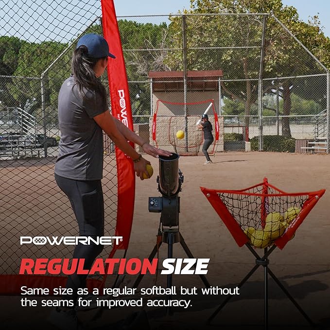 PowerNet Launch F-lite Softball & Baseball Pitching Machine, Dimpled Practice Balls, Bucket of Baseballs, Coaching Bucket Bundle for Pitching Machine, Baseball Training Equipment