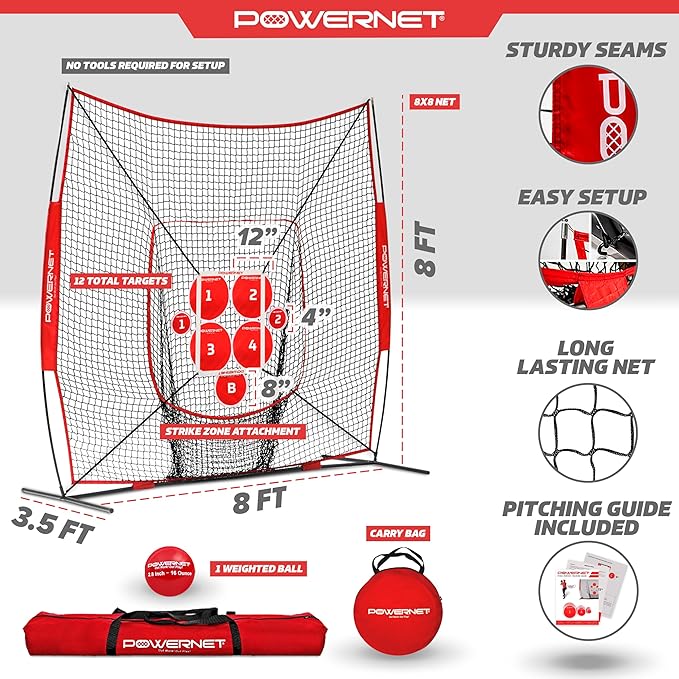 PowerNet Pitching Bundle, Baseball Net with Pitch Perfect Targets & Strike Zone Attachment, Weighted Ball, Softball Baseball Training Equipment to Increase Pitching Accuracy, 3 Net Sizes
