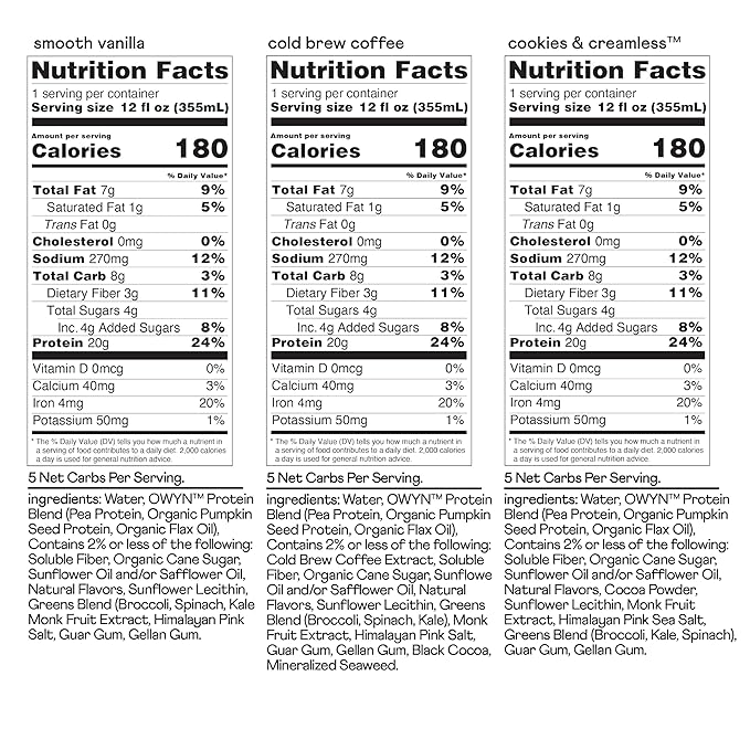 OWYN Only What You Need Plant Based Protein Shake, 20g Vegan Protein from Organic Pumpkin seed, Flax, Pea Blend, Prebiotic supplement, Gluten & Soy-Free (Vanilla Variety Pack, 12 Pack)