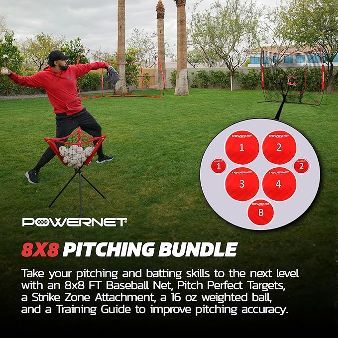 PowerNet Pitching Bundle, Baseball Net with Pitch Perfect Targets & Strike Zone Attachment, Weighted Ball, Softball Baseball Training Equipment to Increase Pitching Accuracy, 3 Net Sizes