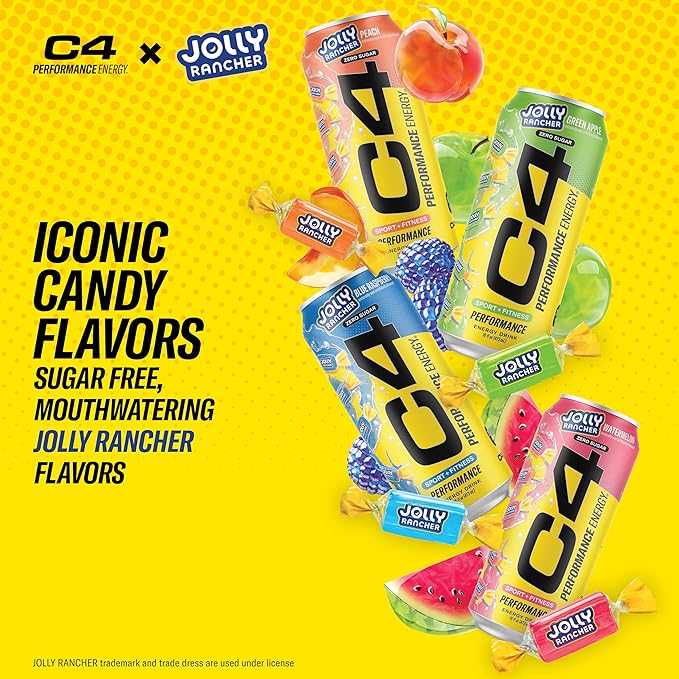 Cellucor C4 Performance Energy Drink | JOLLY RANCHER Variety Pack | Zero Sugar Carbonated Preworkout Energy | 200mg Caffeine with Beta Alanine | 16 Fl Oz (12 Pack)