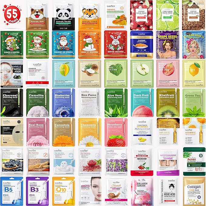 55 Pack Collagen Face Masks Skincare Bulk,Hydrating Spa Face Mask Beauty for Sensitive Skin,Sheet Mask for Skin Care, Facial Mask Sets Birthday Party Gifts for Women/Teen Girls/Kids