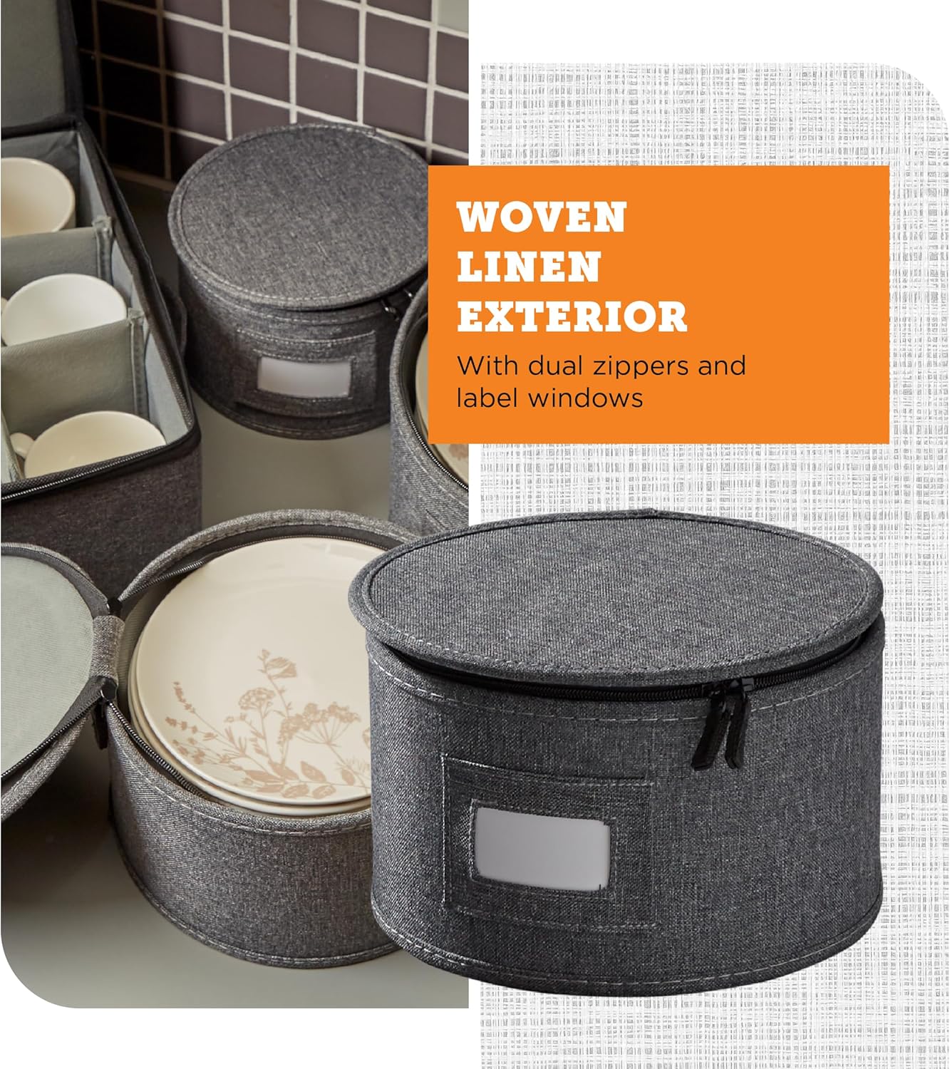 storageLAB China Storage Containers, Hard Shell Case with Felt Dividers for Charger Plates, and Dishes, Ideal for Kitchen Organization, Moving Supplies, and Fine China Storage - 5-Piece Set, Gray