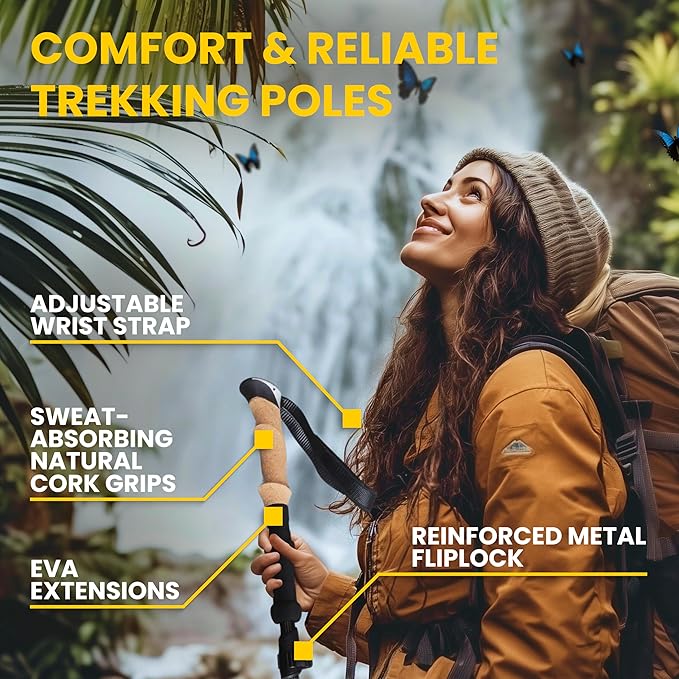 TREDO Premium Collapsible Trekking Poles - Ultralight Aluminum & Carbon Fiber - Adjustable Folding Hiking Poles - Lightweight for Men & Women - Comfortable Cork/EVA Grips - 2pc Set