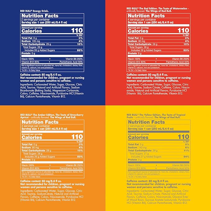 Red Bull Energy Drink Variety Pack, Energy Drink, Red, Yellow & Amber, with 80mg Caffeine plus Taurine & B Vitamins, 8.4 Fl Oz, Pack of 12 Cans