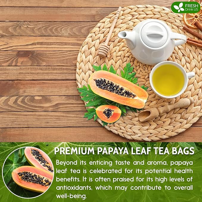 FreshDrinkUS, Premium 40 Papaya Leaf Tea Bags, 100% Natural & Pure. Loose Leaf Papaya Herbal Tea. Made with Natural Material Tea Bags. No Sugar, No Caffeine, No Gluten, Vegan.