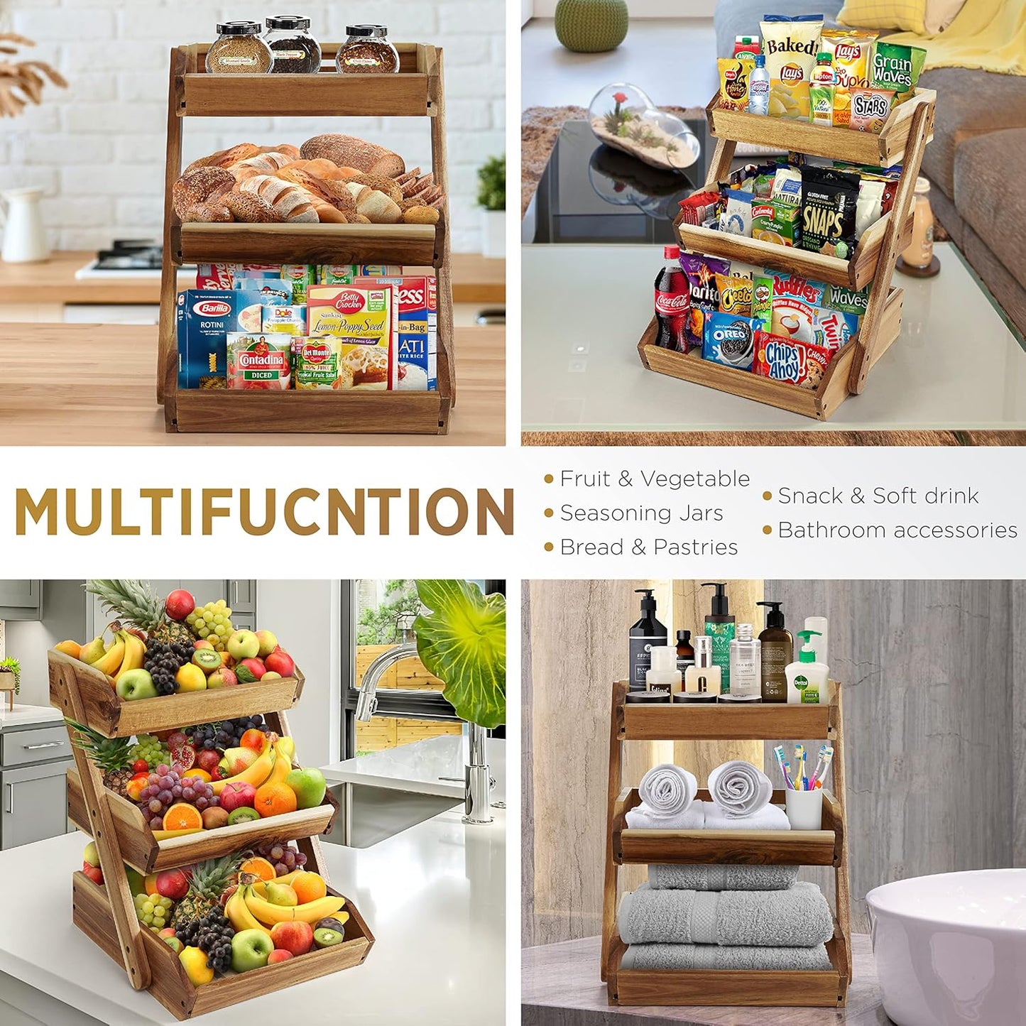 3-Tier Fruit Basket for Kitchen - Durable, Multifunctional, Large Capacity Fruit & Veggie Stand with Snack Organizer