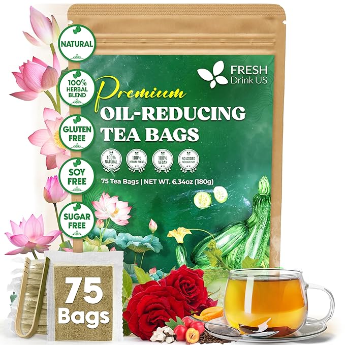 FreshDrinkUS, Oil-Reducing Herbal Tea β 75 Tea Bags | Blend of Winter Melon, Lotus Leaf, Ginger, Hawthorn, Gardenia Fruit, Rose, Cassia Seed & More | Naturally Caffeine-Free | Delicious Hot or Iced