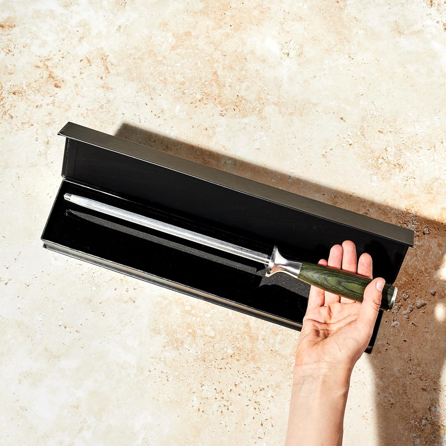 HexClad Honing Rod, 9 -Inch Japanese Damascus Stainless Steel Rod, Pakkawood Handle