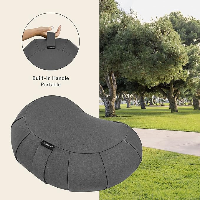 Retrospec Sedona Zafu Meditation Cushion With Buckwheat Hull Fill - Adjustable Yoga & Pilates Support Pillow - 17in Crescent Cotton Cover With Handle