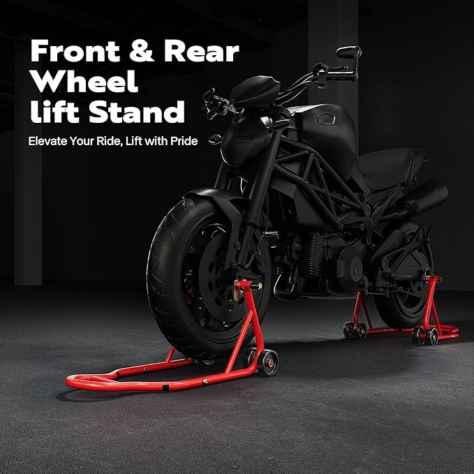 SPECSTAR Motorcycle Stands, 882 Lbs Capacity Front Rear Wheels Lift Combo with U+L Adjustable Swingarm Spool, Heavy Duty Paddock Stands for BMW Suzuki Yamaha Honda Kawasaki, Red