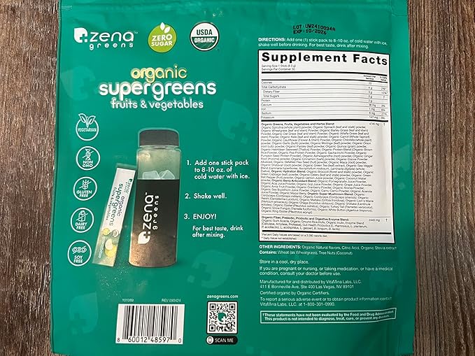 Zena Nutrition Organic Super Greens Powder, 70+ Superfoods, 0 Sugar, 3G Fiber, Spirulina, Chlorella, Antioxidants, Prebiotics/Probiotics, Digestive Enzymes, Green Apple, 30 Drink Mix Packets