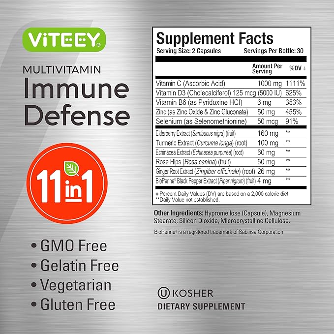 VITEEY 11 in 1 Immune Support Supplement - Immune Defense with Vitamin D3, B6, Echinacea, Turmeric, Rose-HIPS, Selenium, BioPerine, Ginger, Elderberry Vitamin C and Zinc - 120 Count