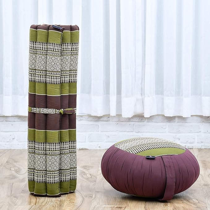 Leewadee Meditation Cushion Set – 1 Round Zafu Meditation Pillow and 1 Square Roll-Up Zabuton Meditation Mat, Pillows Bundle Filled with Kapok