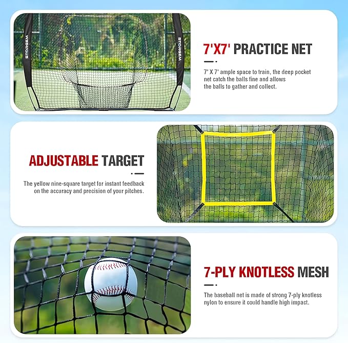 Storgem Baseball and Softball Practice Net 7×7ft Portable Hitting Pitching Batting Training Net Baseball Backstop Net with Batting Tee and Strike Zone and Bow Frame