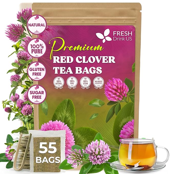 FreshDrinkUS, Premium Red Clover Herbal Teaโ 55 Tea Bags โ Pure โ Naturally Smooth & Mild Flavor โ Premium Quality, Eco-Conscious Packaging. Caffeine-Free. Gluten Free. Vegan