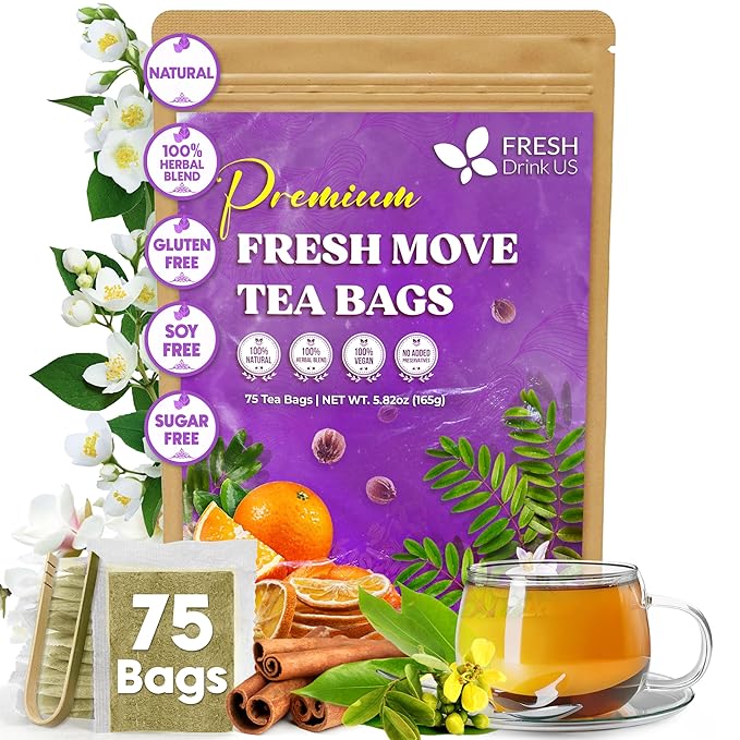 FreshDrinkUS, Fresh Move Tea β 75 Tea Bags - Herbal Tea Blend with Senna Leaves, Cinnamon, Orange Peel, Ginger & More β Caffeine-Free, Natural Ingredients β Smooth Flavor for Everyday Enjoyment