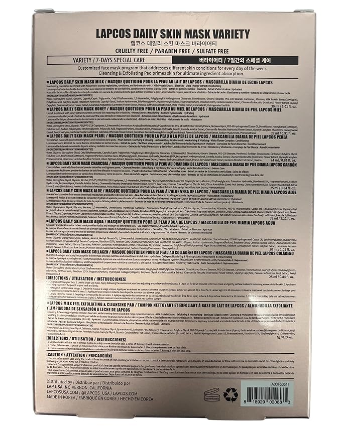 LAPCOS Daily Sheet Mask Variety Pack 7+1 (Version 1) Daily Face Masks - Hydrate, Clarify, Nourish, Exfoliate & Renew Skin, Korean Beauty Favorite (8 pack)