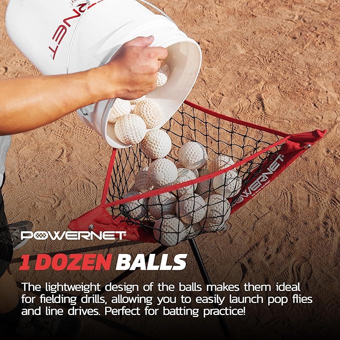 PowerNet Launch F-lite Softball & Baseball Pitching Machine, Dimpled Practice Balls, Bucket of Baseballs, Coaching Bucket Bundle for Pitching Machine, Baseball Training Equipment