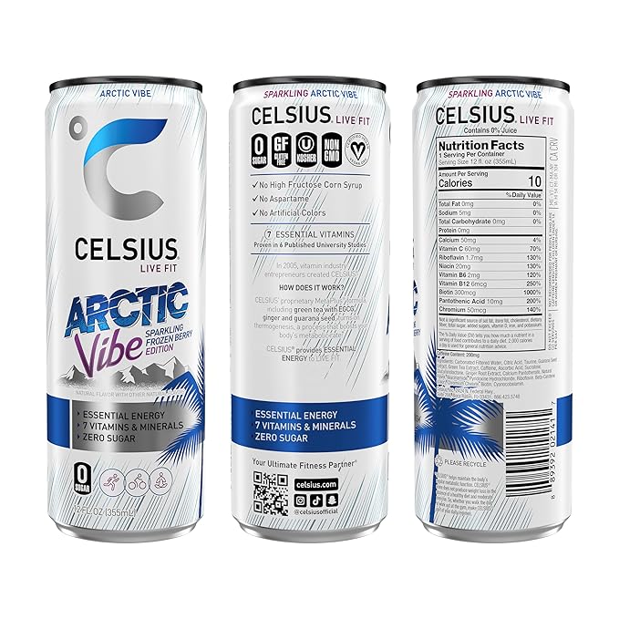 CELSIUS ARCTIC VIBE Sparkling Frozen Berry, Sugar Free Energy Drink, 12 Fl Oz (Pack of 12)