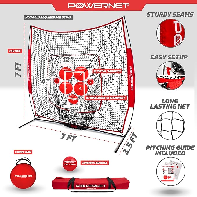 PowerNet Pitching Bundle, Baseball Net with Pitch Perfect Targets & Strike Zone Attachment, Weighted Ball, Softball Baseball Training Equipment to Increase Pitching Accuracy, 3 Net Sizes