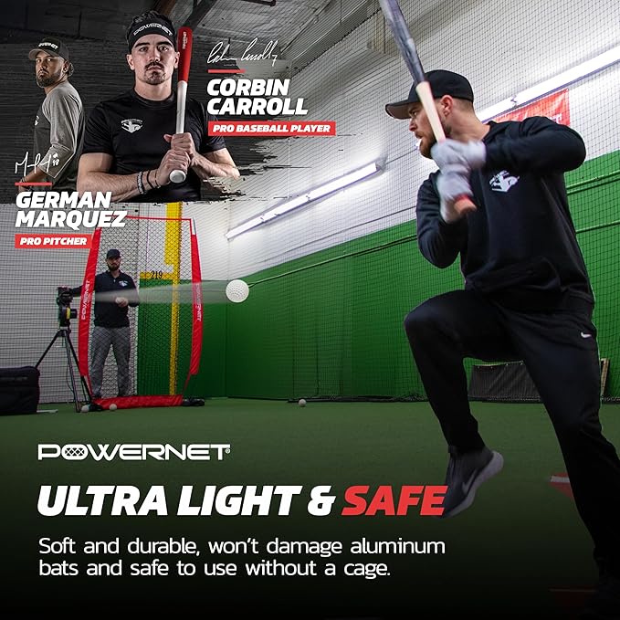 PowerNet Launch F-lite Softball & Baseball Pitching Machine, Dimpled Practice Balls, Bucket of Baseballs, Coaching Bucket Bundle for Pitching Machine, Baseball Training Equipment