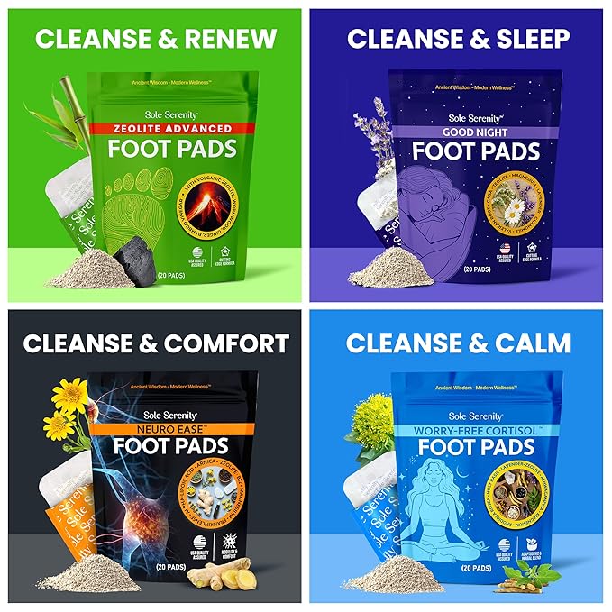 Sole Serenity Worry-Free Overnight Foot Pads for Cortisol Hormone Balance, Puffiness, Relaxation and Sleep with Zeolite, Ashwagandha, Magnesium, Holy Basil, Rhodiola, 20 Pack