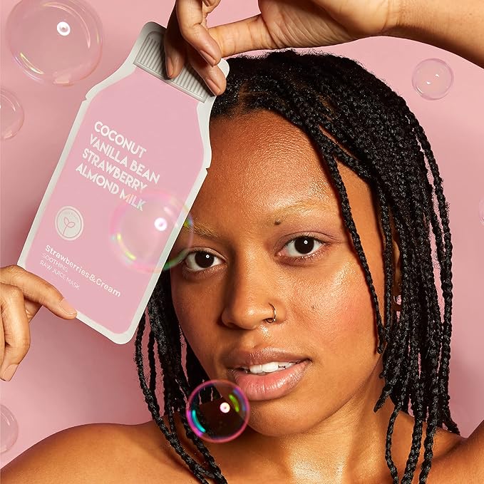 ESW Beauty Strawberries & Cream - Soothing Raw Juice Face Mask (6-Pack) - Calming with Coconut, Vanilla Bean, Almond Milk & Strawberry for Sensitive Skin - Reduces Redness & Nourishes