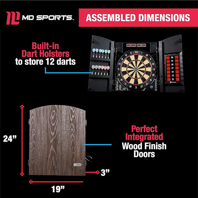 MD Sports Dartboard Cabinet Multiple Styles Electronic Dartboard With Digital X/O Cricket Scorekeeping and Dart Set, Perfect for Cricket Games