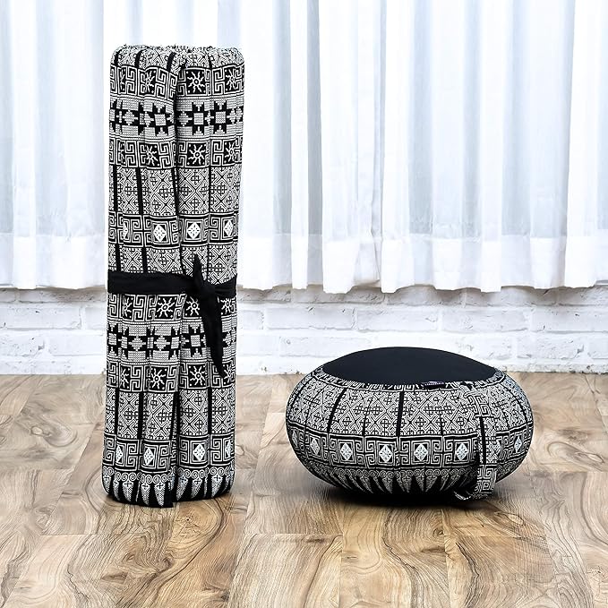 Leewadee Meditation Cushion Set – 1 Round Zafu Meditation Pillow and 1 Square Roll-Up Zabuton Meditation Mat, Pillows Bundle Filled with Kapok