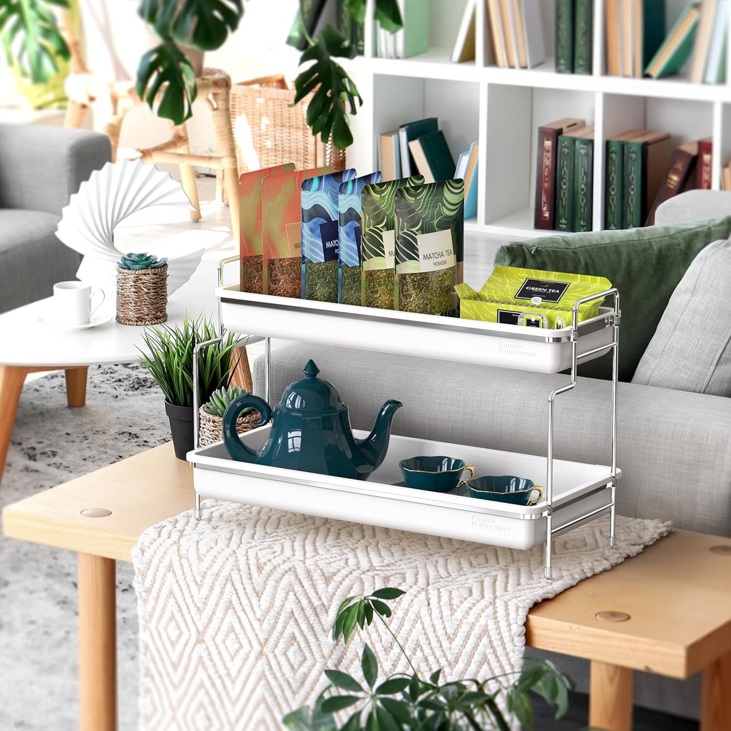 Simple Houseware 2-Tier Spice Rack Kitchen Organizer Countertop Shelf, White