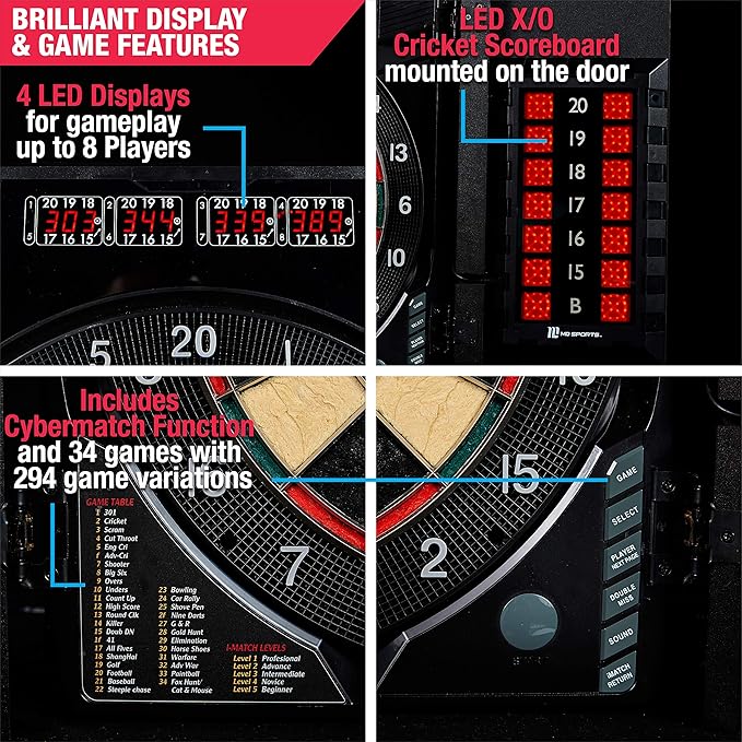MD Sports Dartboard Cabinet Multiple Styles Electronic Dartboard With Digital X/O Cricket Scorekeeping and Dart Set, Perfect for Cricket Games