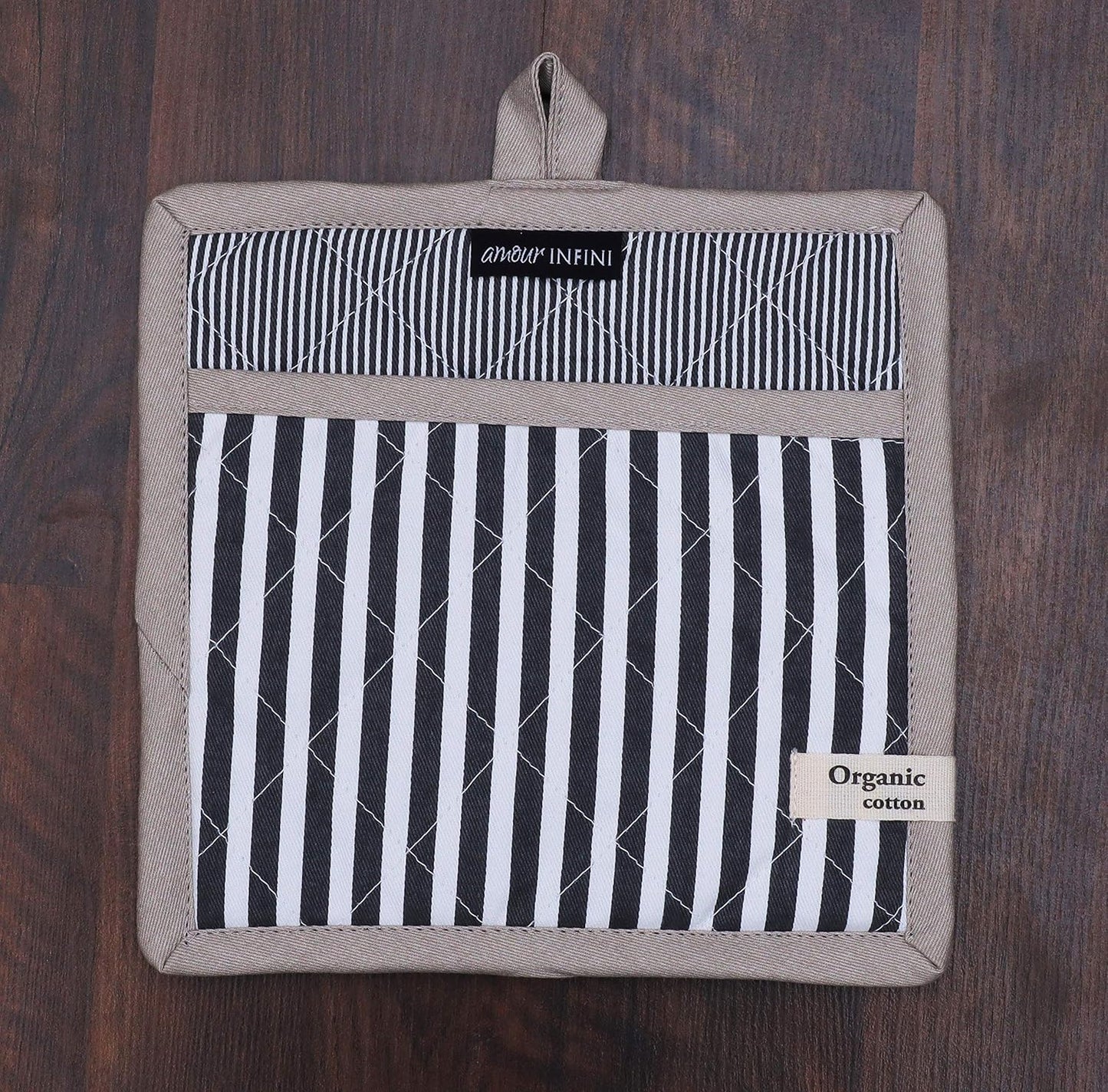 AMOUR INFINI Pot Holders Heat Resistant Cotton Set of 3 Nonslip 8"x8" Inch Hot Pads for Kitchen, BBQ, Baking & Cooking with Hanging Loops (Stripe Charcoal)