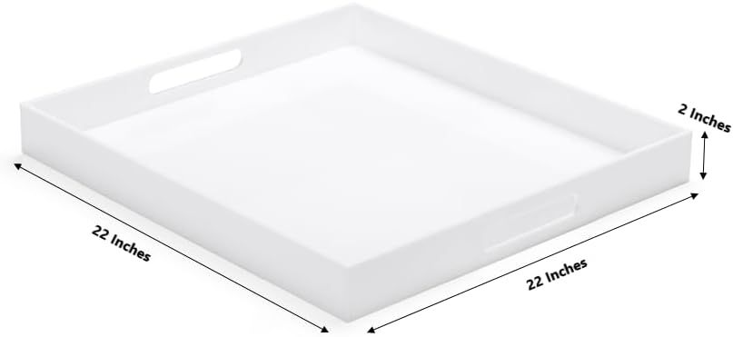 White Modern Acrylic Ottoman Tray with Cutout Handles 22x22 Inch Over-Sized Serving Tray Rubber Boot Tray Organizer Decorative Tray for Living Room, Bedroom,Bathroom and Kitchen Tabletop