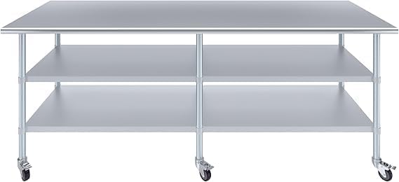 Stainless Steel Work Table with 2 Shelves and Casters | Metal Utility Table On Wheels (96" Long x 30" Deep)