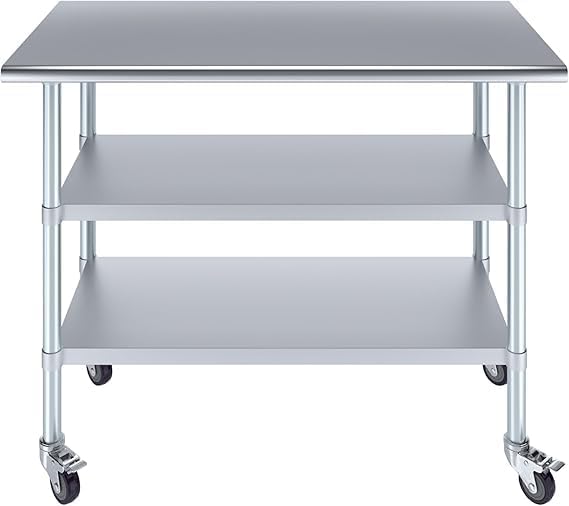 Stainless Steel Work Table with 2 Shelves and Casters | Metal Utility Table On Wheels (48" Long x 24" Deep)