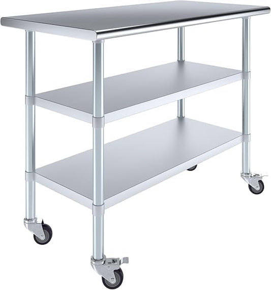 Stainless Steel Work Table with 2 Shelves and Casters | Metal Utility Table On Wheels (48" Long x 24" Deep)