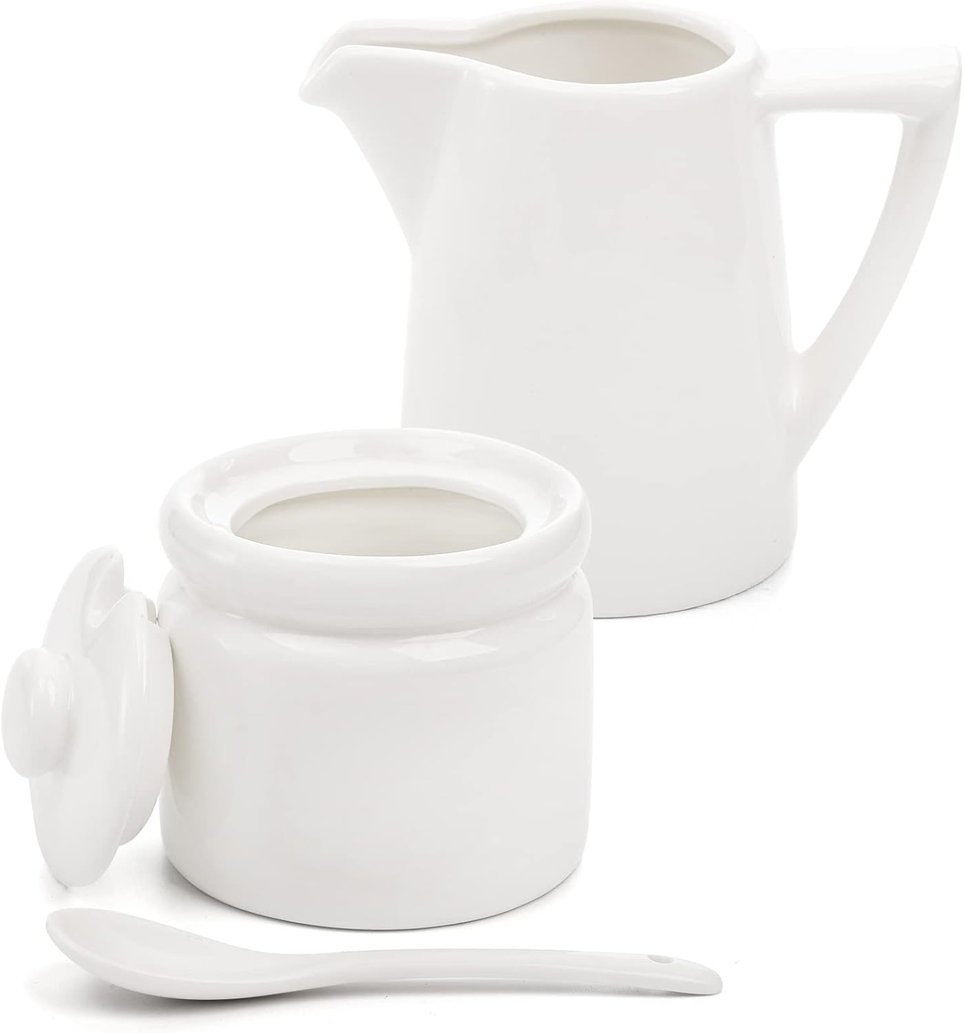 ZENFUN Set of 4 Porcelain Creamer and Sugar Set with Saucer, Sugar Bowl with Lid and Spoon, Cream Pitcher, Sweetener Holder, Coffee Serving Set for Kitchen Home Cafe Party, Restaurant, White
