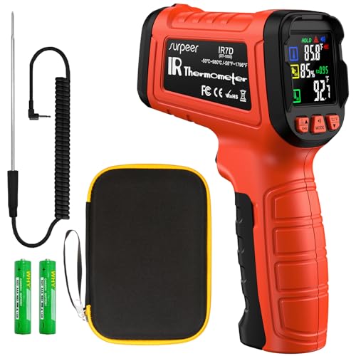 Infrared Thermometer Temperature Gun -58°F to 1796°, 16:1 Non Contact Laser Thermometer Gun with Thermocouple Probe for Humidity, Pizza Oven, Griddle, Ir Temp Gun for Home and Industry Repair