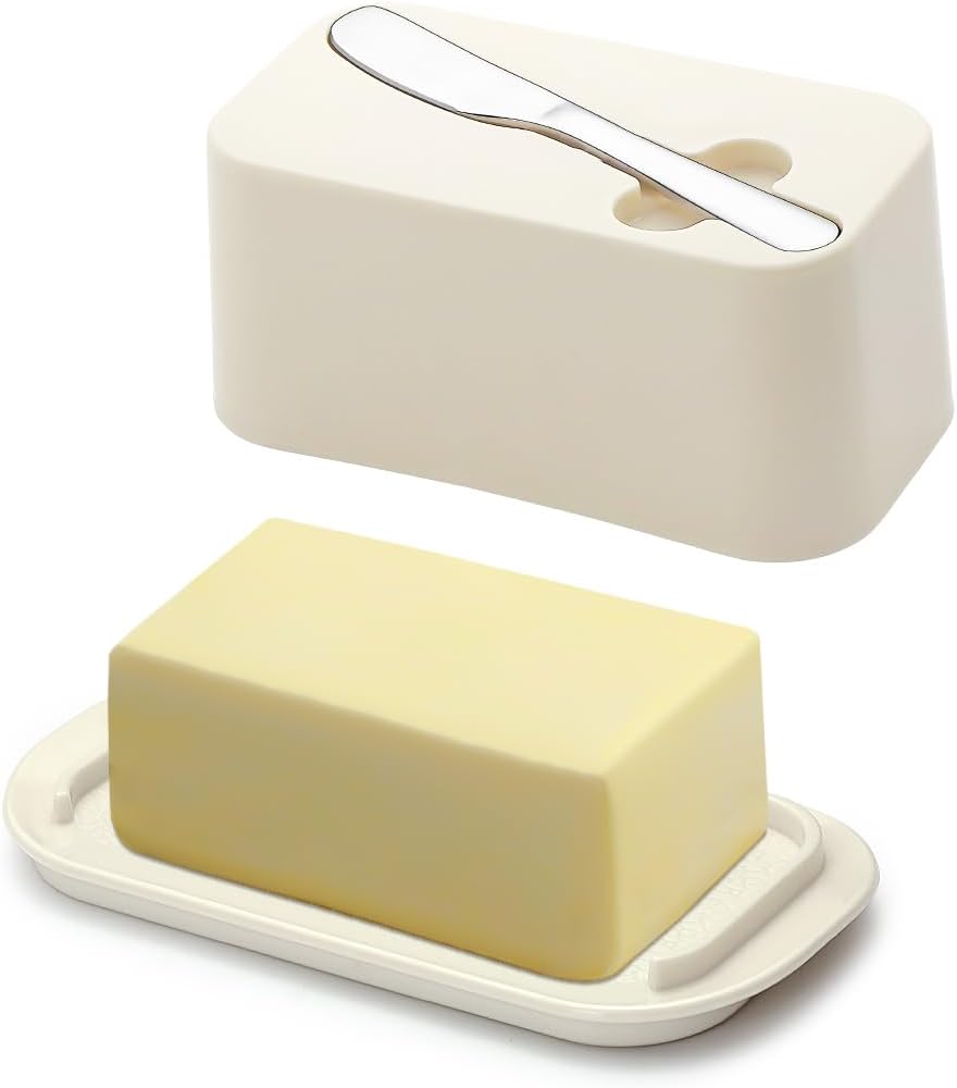 Evanda Butter Dish with Lid for Countertop and Refrigerator Door Shelf with Butter Spreader Knife, Butter Keeper, Plastic Butter Holder Tray Container for West/East Coast Butter