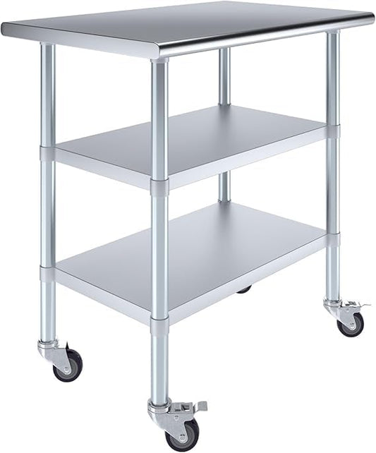 Stainless Steel Work Table with 2 Shelves and Casters | Metal Utility Table On Wheels (36" Long x 24" Deep)
