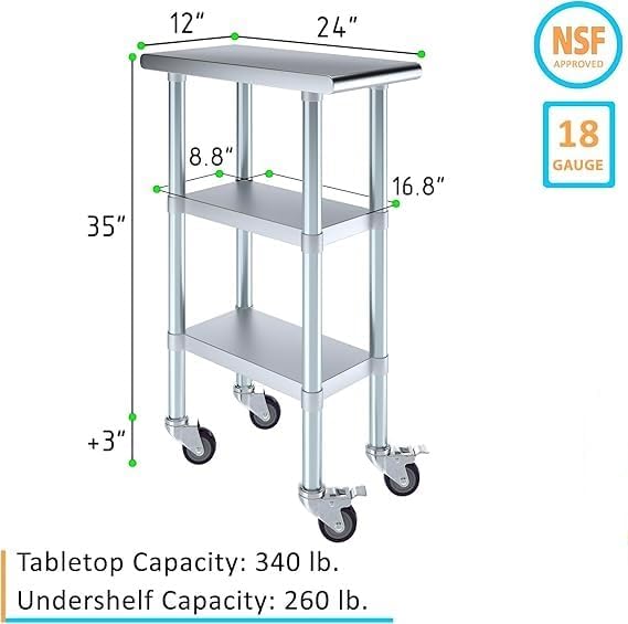 Stainless Steel Work Table with 2 Shelves and Casters | Metal Utility Table On Wheels (12" Long x 24" Deep)