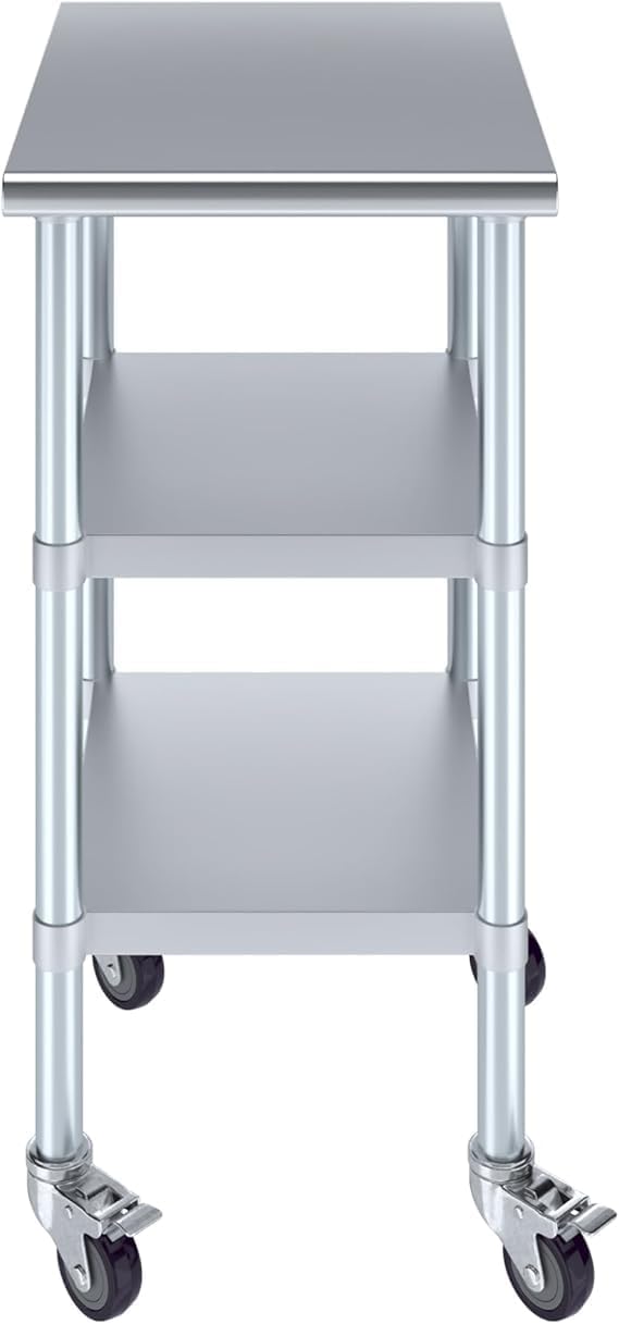 Stainless Steel Work Table with 2 Shelves and Casters | Metal Utility Table On Wheels (18" Long x 24" Deep)